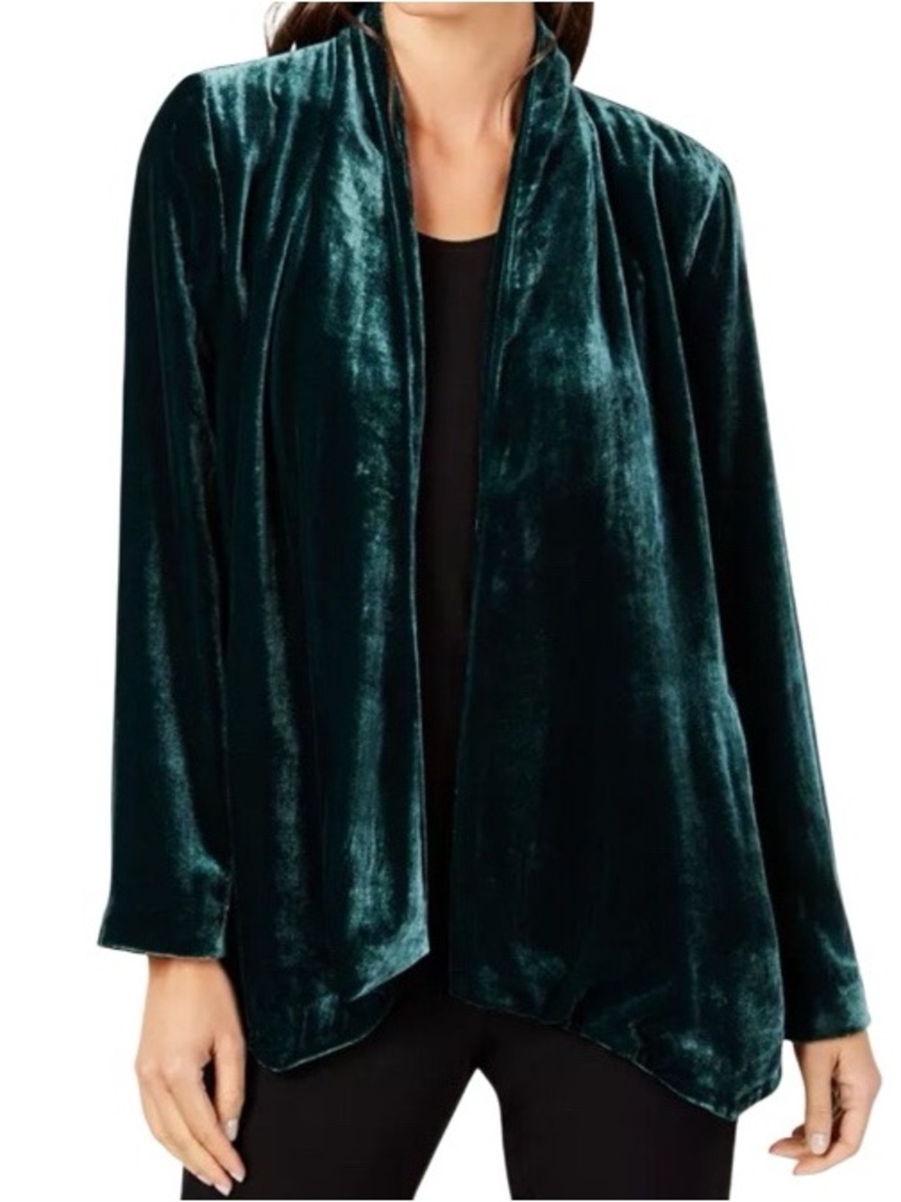 EILEEN FISHER Silk Blend Velvet Open Front Jacket Emerald Green Size Large